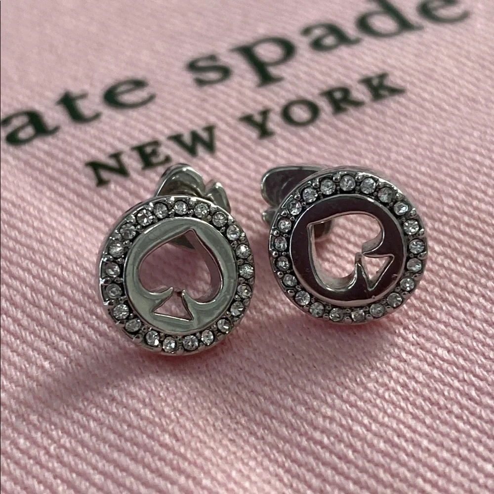 Kate Spade Sparkle Silver Spot the Spade Pave Halo Heart Stud Earrings Dust Bag